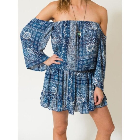 Surf Gypsy Sz M VTG Havana Off Shoulder Tunic Dress Blue Lined Ruffle Mini NWT - Picture 8 of 8